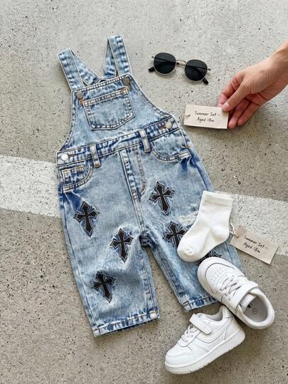 Bubblio Quần yếm denim xanh thêu họa tiết chữ thập cho bé trai