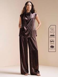 Arave Damen Set aus weiter ärmelloser Bluse mit Metallschnalle Drapierung und Highwaist Weite Hose, Lässiger Pendler-Outfit - Schwarz - Übersicht 4