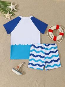 可爱鲸鱼印花两件套男童泳衣套装，沙滩度假 - 彩色 - 查看 2