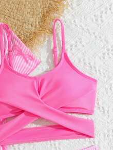 SHEIN Tween Girl Solid Color Ruffle Tankini Top And Triangle Bikini Bottom Swimwear Set With Cover-Up Dress, Suitable For Summer Vacation - Pink - View 3
