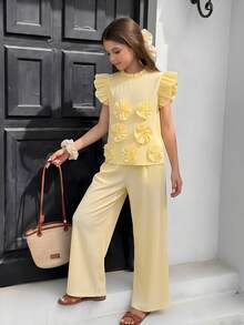 2pcs Tween Girls 3D Decor Cap Sleeve Top And Pants Set - Yellow - View 8
