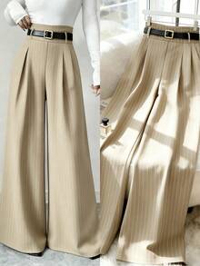 Selianne 女士新款藏蓝色条纹西装裤，高腰优雅时尚褶裥松紧腰宽松阔腿休闲裤，适合春秋季穿着，日常通勤百搭。 - 卡其色 - 查看 6