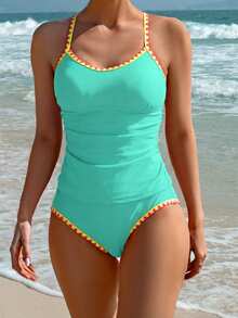 Swim Lushoire Women's Summer Beach Patchwork Camisole Tankini Top And Triangle Bottoms Swimwear Set - Mint Green - View 4