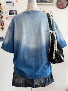 Lalippa Áo thun dáng rộng in kỹ thuật số hiệu ứng denim phong cách retro - Nhiều màu - Xem 2
