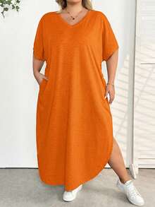SHEIN CURVE+ Plus Size Women's Spring/Summer New Fashion Commuter Casual Pocket Design Split Robe - Orange - View 9