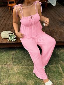 Comfortcana Plus Size 2 Pieces Set: Linen Ruffle Hem Camisole And Wide Leg Pants, Casual Holiday Style - Pink - View 9