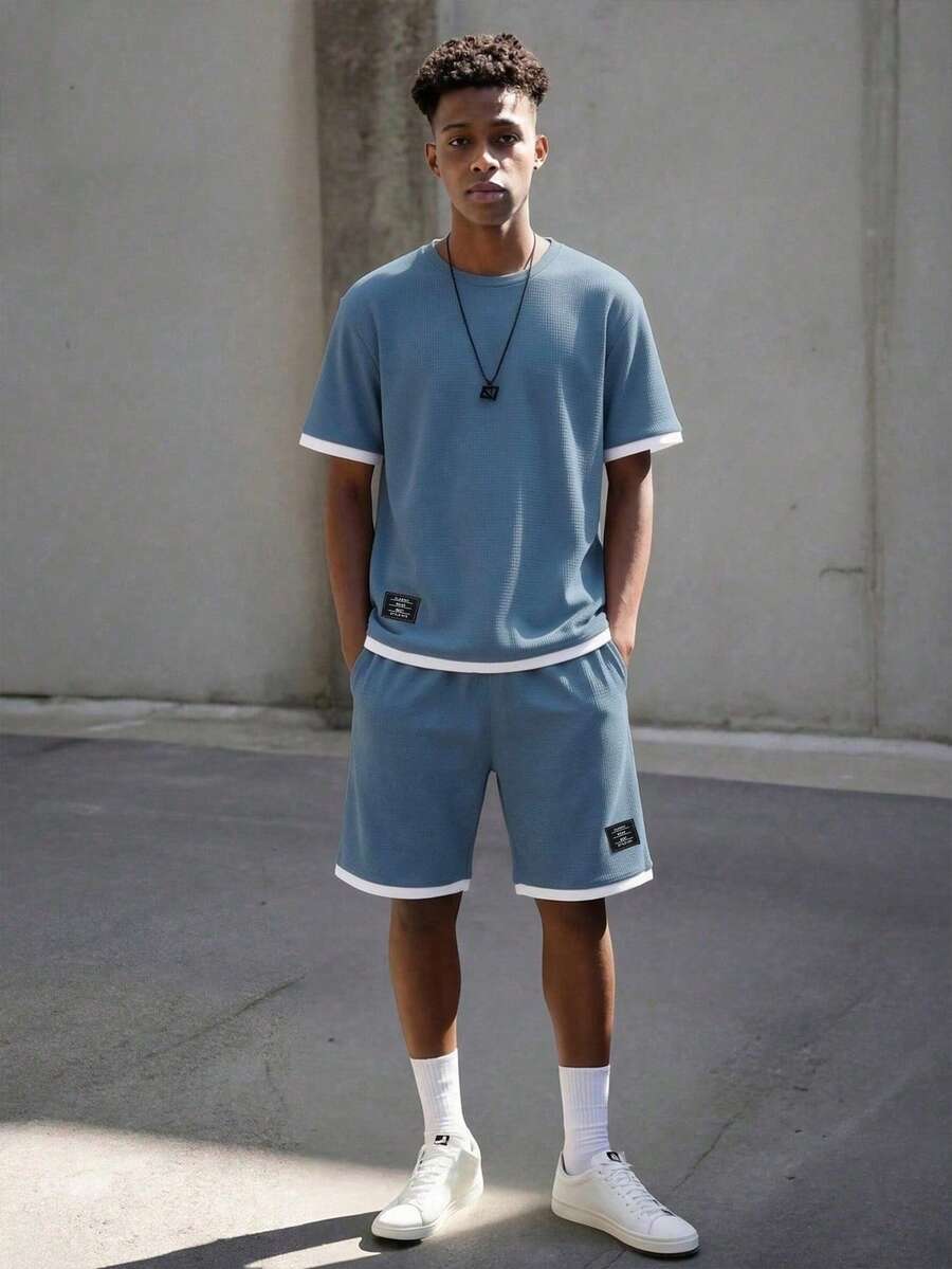Vacaura 2件套青少年男童夏季休闲撞色滚边T恤和短裤套装 - 藍色 - 查看 1
