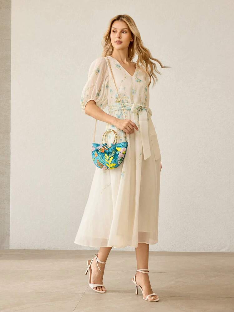WOMEN'S HANDBAG, EXQUISITE EMBROIDERED BEADED SEMI-ROUND TOTE BAG