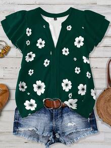 SHEIN JORESS Elegant French Floral Print V-Neck Linen Blend Ruffle Sleeve Blouse, Suitable For Commute, Casual, Vacation, Plus Size - Dark Green - View 5