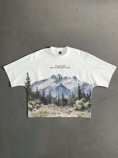 StoneGrade 复古美式户外风景印花短款宽松蝙蝠袖T恤，时尚休闲，适合约会和聚会，情侣礼物送给男朋友