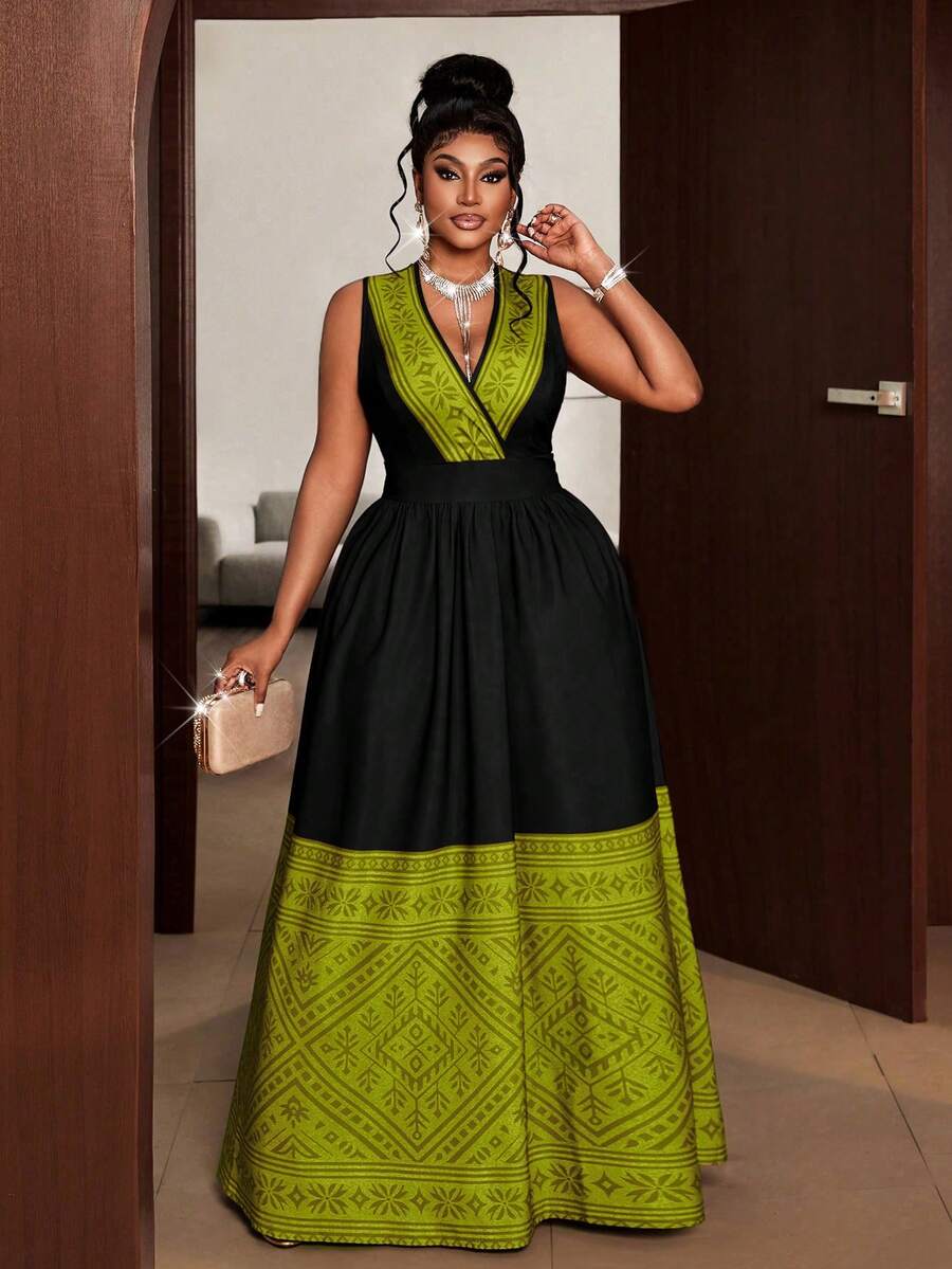 Plus Size Colorblock V-Neck Sleeveless Dress - Black - View 1
