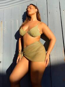 Nezia Cruz Damen Halter Binden sexy Bikini Set mit Überrock und Rock, 3-teilig, gepolstert - Olivgrün - Übersicht 3