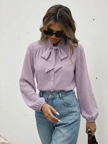 Aveloria Modichic Áo kiểu thanh lịch cổ điển chấm bi retro thắt nơ, chất liệu hơi xuyên thấu. - Màu tím hoa cà - Xem 5