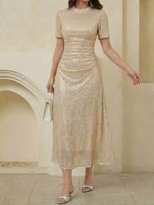 Dazy-Less Elegant Midi Dress For Women, Rhinestone Embellished, Suitable For Valentine's Day, Wedding, Party, Formal Occasions, Fitted Waist, Spring/Summer Sparkly Dress Sundress - Gold - View 2