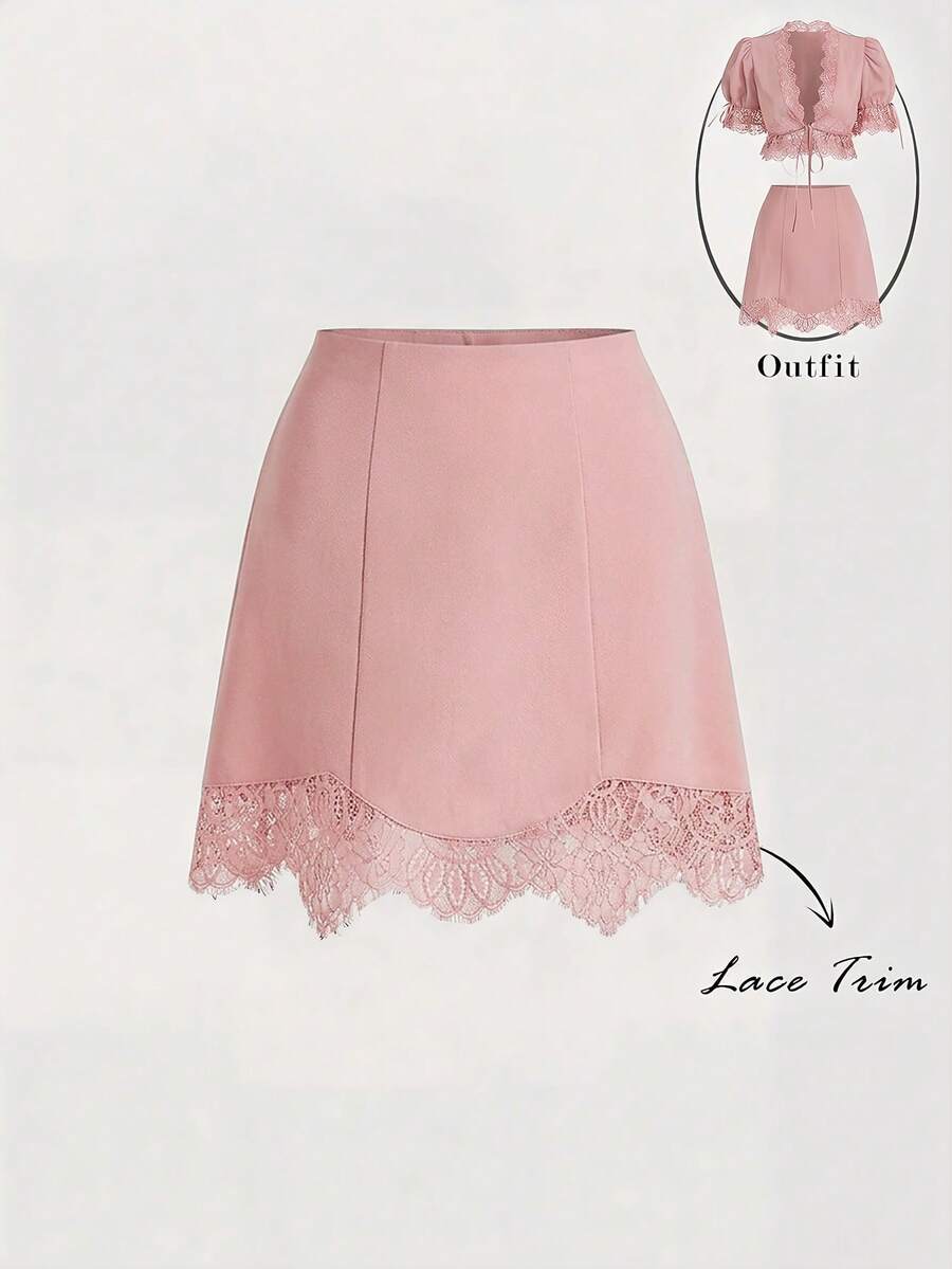 SHEIN MOD Women's Solid Color Contrast Lace Hem Elegant A-Line Skirt Party Night Dusty Pink Summer - Pink - View 1