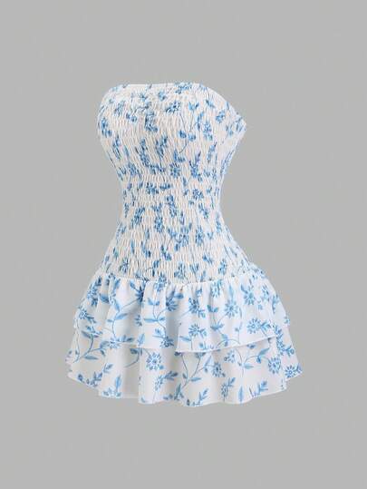 Sweetra Đầm ngắn quây ngực xếp ly in hoa mùa xuân/hè dành cho nữ, thời trang hẹn hò.