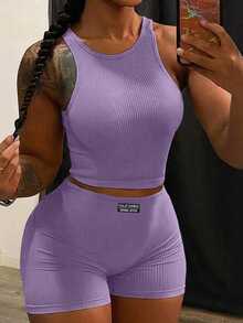Slaydiva Minimalist Casual Basic Round Neck Sleeveless Cropped Tank Top And High Waist Fitted Shorts 2-Piece Knit Set For Women,Vacation Outfits Women - Mauve Purple - View 6