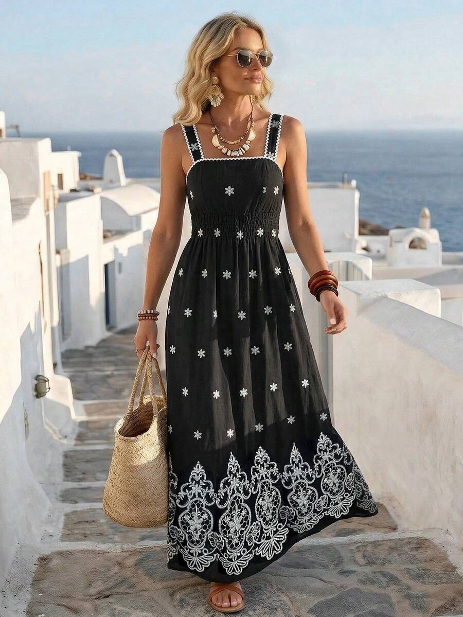SHEIN Holidaya Women's Pleated Allover Print Casual Midi Dress For Party & Outing - Black - View 1