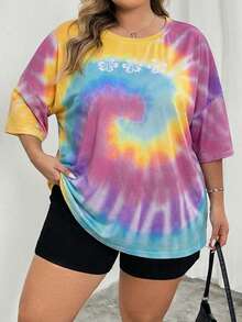 SHEIN CURVE+ Curve 尺码 US22 音乐节、海滨度假、波西米亚夏季休闲扎染圆领落肩宽松T恤 - 彩色 - 查看 7