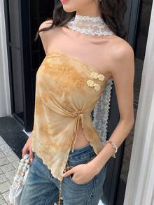 EastFlair 优雅新款中国风植绒开衩吊带背心，夏季 - 彩色 - 查看 1