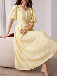 Modelyn 女士V领花卉刺绣褶皱休闲派对外出长袖连衣裙 - 黃色 - 查看 4