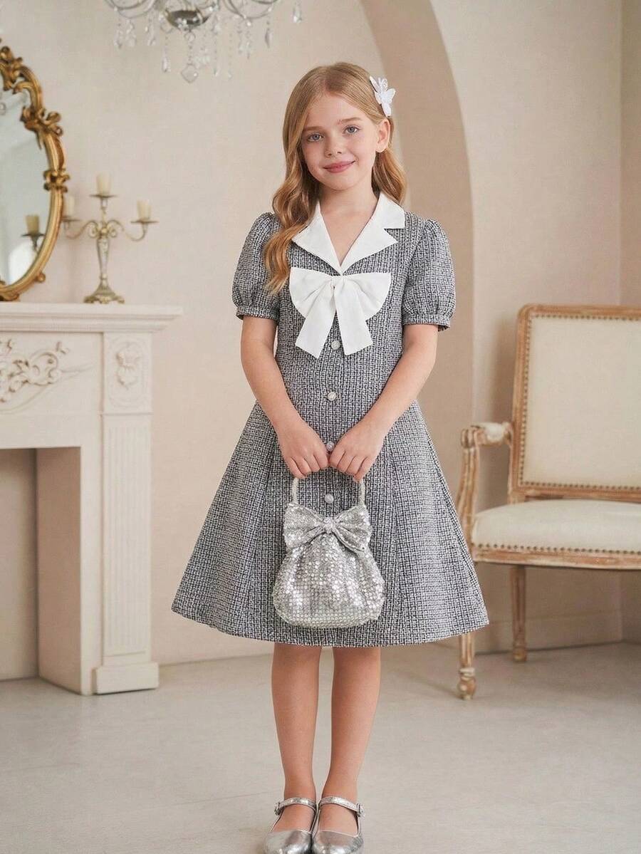 Elladie kids 少女夏季新款韩版西装领拼接白色布料蝴蝶结泡泡袖短袖收腰开襟可拆卸3D蝴蝶结简约百搭派对生日度假公主裙 - 黑與白 - 查看 1