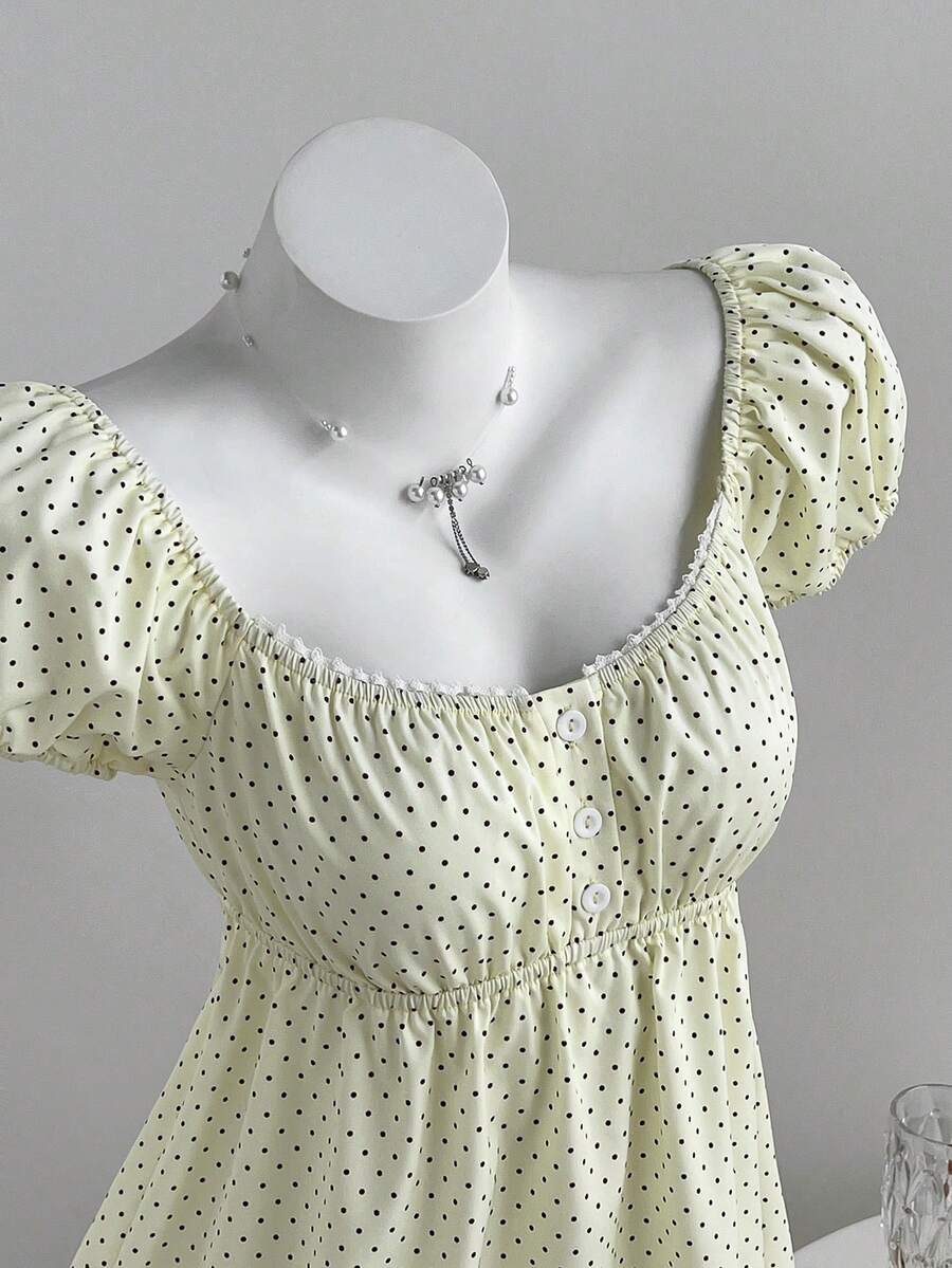 Elamini 女士舒适方领波点印花短袖衬衫 - 淡黃色 - 查看 1