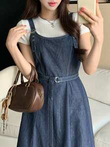 FRIFUL Vestido de peto de mezclilla casual con tirantes ajustables para mujer, de verano - Azul - Ver 8