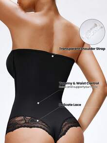 SHAPORA 1件装女士无缝塑身连体衣，无肩带，收腰收腹，性感网纱蕾丝边塑身衣 - 黑色 - 查看 1