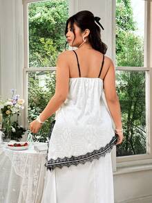 Celure Plus Size Women's Fashionable Delicate Date Night Gym V-Neck Contrast Color Lace Patchwork A-Line Slit Camisole, Spring/Summer Brown - Apricot - View 2
