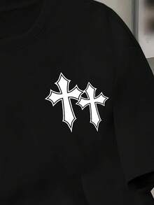 Jesus & Teen Boy Casual Cartoon Cross Graphic Short Sleeve T-Shirt, Suitable For Summer - Black - View 5