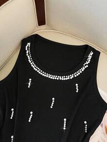 GlowEve CURVE Chic Plus Size Black Rib Knit Tank Top Pearl Beaded Scoop Neck Sleeveless Plus Size Camisole Casual Style - Black - View 4