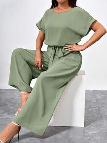 SHEIN Clasi Plus Size Elegant Round Neck Jumpsuit With Waist Belt And Wide Leg - Mint Green - View 4