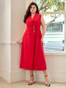 MOTF PREMIUM PLUS SIZE SOLID PEAK COLLAR METAL BUTTON RUCHED WAIST SLEEVELESS DRESS - Red - View 5