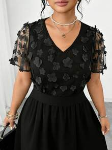 Elenzga Plus Size V-Neck Short Sleeve Floral Patchwork Elegant Fashion Dress For Women - Black - View 1