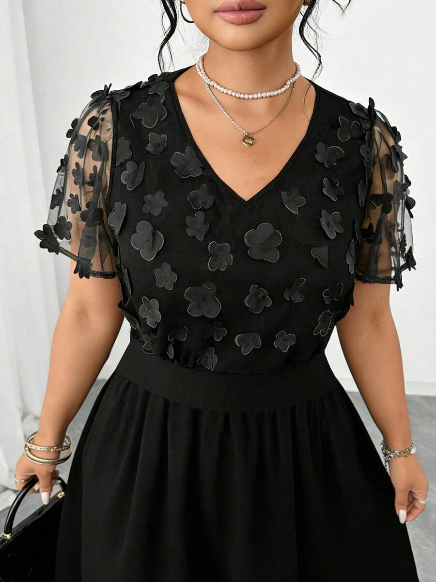Elenzga Plus Size V-Neck Short Sleeve Floral Patchwork Elegant Fashion Dress For Women - Black - View 1