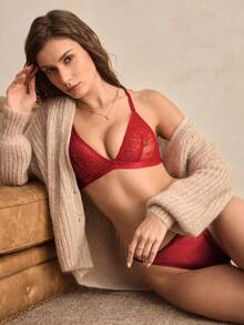 Charlaine 1pc You're Not Santa Red Lace Bra, Sexy Criss-Cross Strap Design, Sheer Lingerie, Comfortable & Versatile Christmas Special Bra - Red - View 1