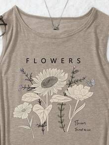 EMERY ROSE Áo ba lỗ in hoa thường ngày cho phụ nữ mặc hàng ngày vào mùa xuân/hè Áo phông họa tiết hoa hướng về phía mặt trời dành cho nữ - Màu Khaki - Xem 6