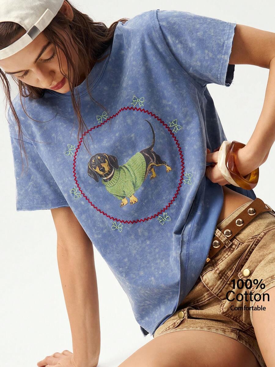 Bohemela 女士休闲纯色针织圆领短袖T恤 - 藍色 - 查看 1