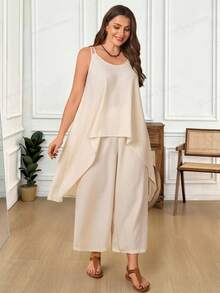 EMERY ROSE Women's Plus Size White Summer Smart Casual Vacation Outfit Sets,Solid Color Camisole & Pants 2 Pieces Set,Beach Peplum Spring Country Concert Outfit - Apricot - View 1