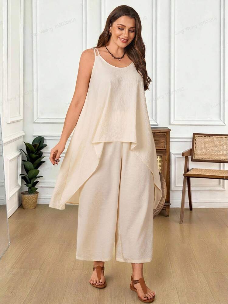 Plus Size Casual Solid Color Camisole & Pants 2 Pieces Set/Summer/Vacation Women Vacation Outfit Sets Women's Summer Outfits Women Spring Outfit Women 2 Pieces Outfit Casual Summer Outfits For Women Beach Outfit For Women Casual Vacation Outfits Women Country Concert Outfit Peplum