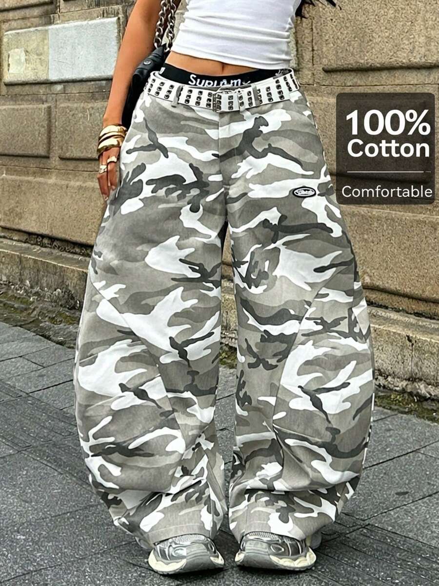 Coolane 男女夏季西部牛仔风街头服饰演唱会服装 Y2K 森林迷彩宽松低腰香蕉裤 - 灰色 - 查看 1