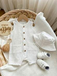 2件套男/女婴夏季杏色条纹无袖连体短裤套装，含渔夫帽，休闲度假装 - 彩色 - 查看 6