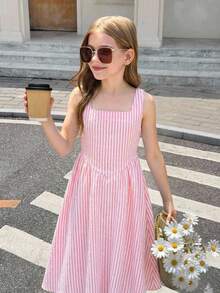 SHEIN Đầm casual kẻ sọc cổ vuông không tay cho bé gái tuổi teen - Hồng - Xem 5