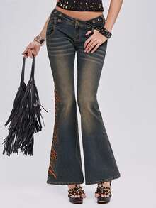 ROMWE Y2K Baddie Music Festival Outfit Low Rise Distressed Skinny Jeans With Slogan Embroidery And Studs - Black - View 8