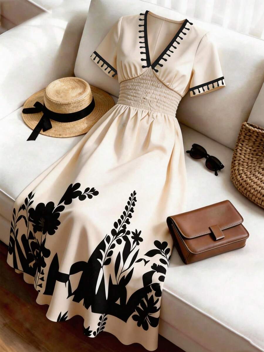 Breezaya 026 New Summer Women's Vacation V-Neck Waist Dress, Printed Contrasting Ruffles Decorate The Neckline And Cuffs, Black-Bottom Plant Print, Elastic Waist Slimming, Gentle Beige Color, Suitable For Daily Commuting, Seaside Vacations, Dating, Urban Elegance, Luxury And Romantic Lady Style Tube Tops For Women, Elegant And Sexy Women's Tops, Suitable For Spring And Summer Wear, Daily Outings, Vacations, Dates, Parties, Glamor Parties, Fashionable Women's Tops - Apricot - View 1