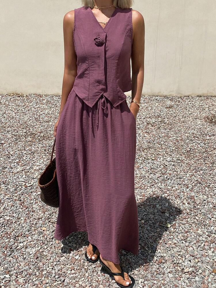 2pcs Spring/Summer Women Vest Top And Midi Skirt Set, Fashionable And Age-Reducing Outfit