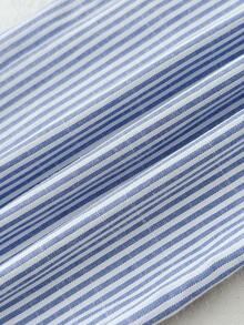 少女休闲度假套装，清新蓝色条纹系带褶皱抹胸上衣搭配低腰抽绳长裤，两件套，适合夏季、街拍、午餐等场合。 - 藍白色 - 查看 6