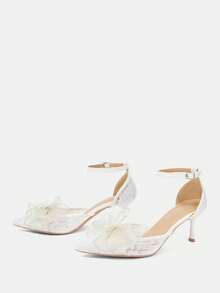 CUCCOO HITCHD Women Shoes Classic Fashion Women's High Heels Shoes White Wedding Women's Shoes Mesh Breathable Elegant Party Bow Decoration Wedding Women's Shoes - White - View 3