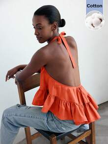 Maija Neck Tie Backless Ruffle Hem Loose Blouse, Urban Style For Women In Autumn - Orange - View 2